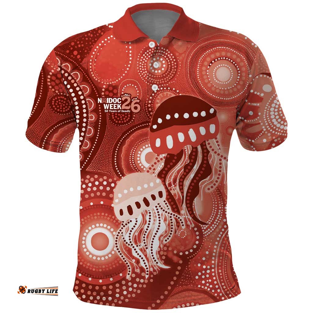NAIDOC Deadly 50 Years Polo Shirt Jellyfish Aboriginal Culture Inspired Red LT9