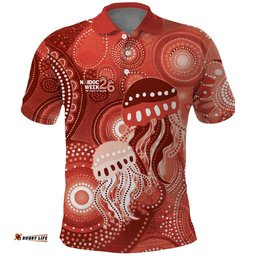 NAIDOC Deadly 50 Years Polo Shirt Jellyfish Aboriginal Culture Inspired Red LT9