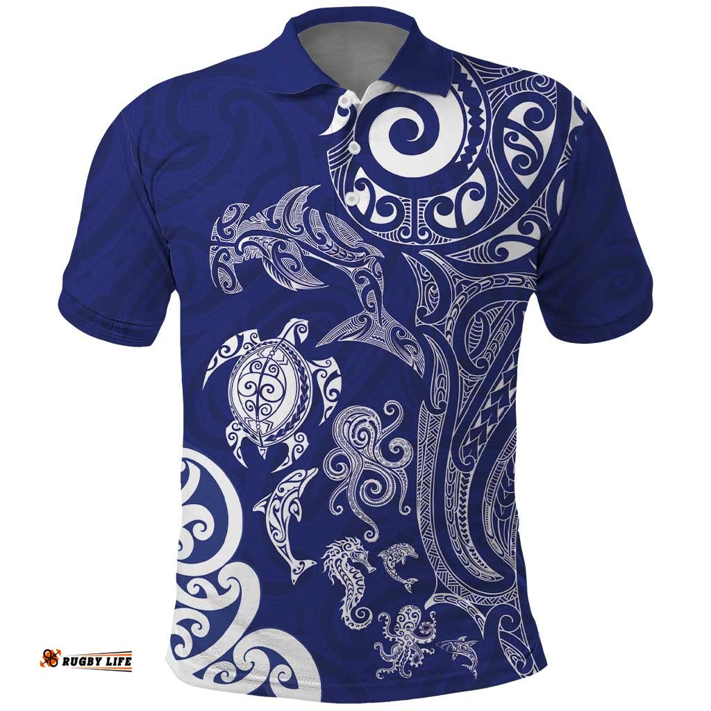 New Zealand Sea Animals with Maori Tribal Tattoo Polo Shirt Blue Color LT03