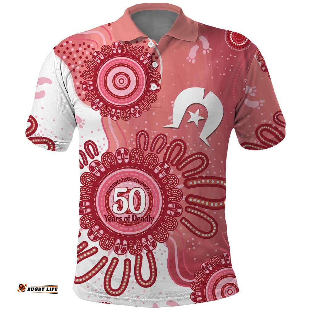 NAIDOC Week 2026 Polo Shirt 50 Years Deadly Dhari Pink Aboriginal Art LT14