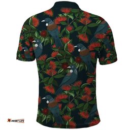 New Zealand Christmas Polo Shirt Romantic Tui Birds on Pohutukawa - Cobalt LT7