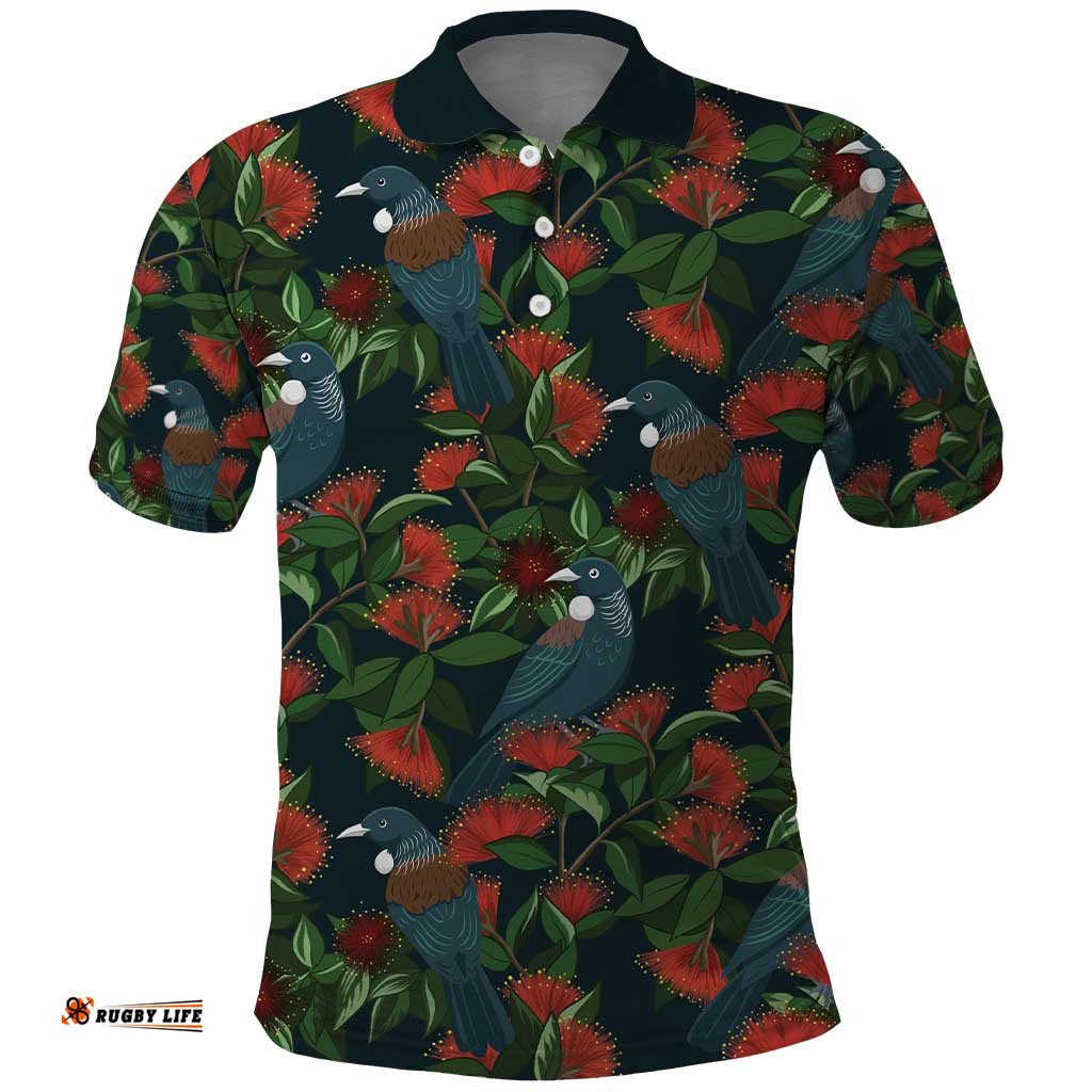 New Zealand Christmas Polo Shirt Romantic Tui Birds on Pohutukawa - Cobalt LT7