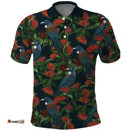 New Zealand Christmas Polo Shirt Romantic Tui Birds on Pohutukawa - Cobalt LT7