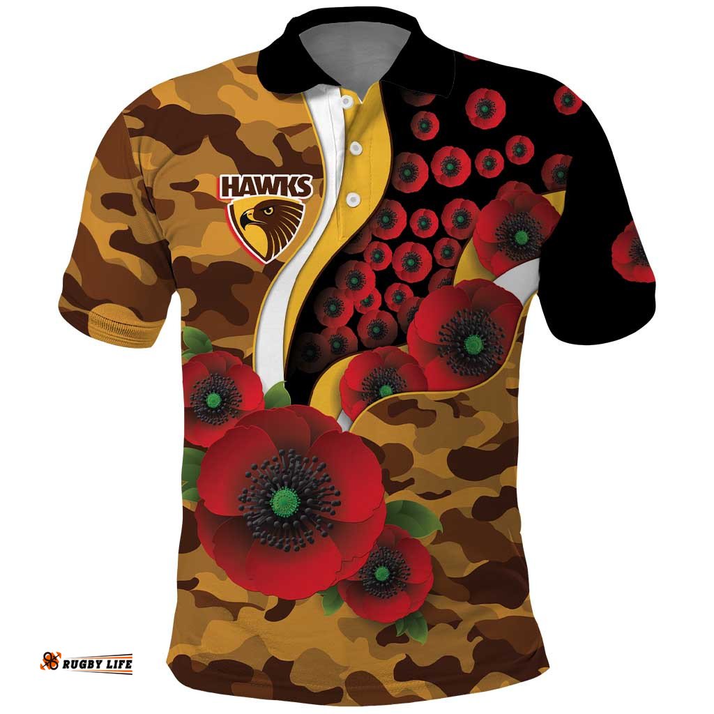 Hawthorn Hawks ANZAC Personalised Polo Shirt Lest We Forget Poppy Camo LT9
