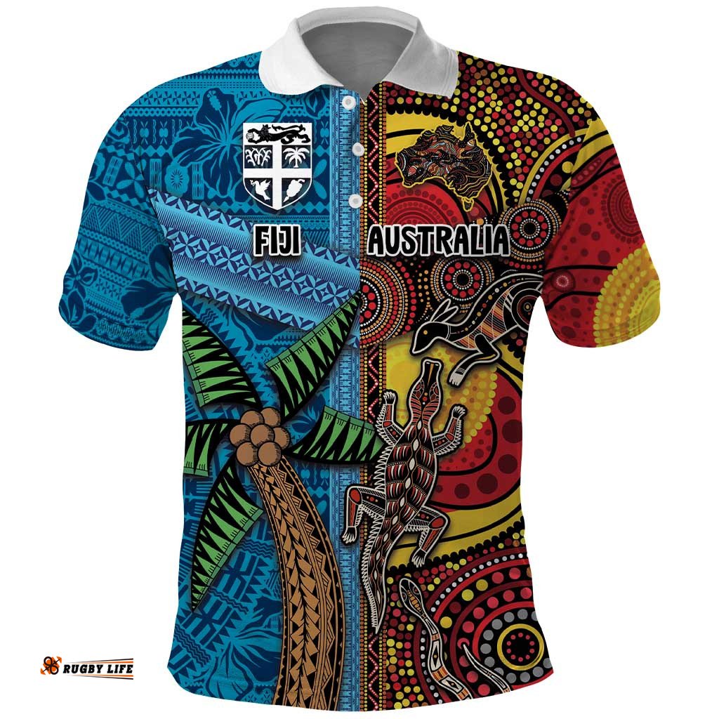 Personalised Australia and Fiji Together Polo Shirt Tribal Palm Tree with Tapa and Aboriginal Animals Half Style LT03