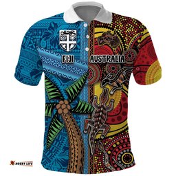 Personalised Australia and Fiji Together Polo Shirt Tribal Palm Tree with Tapa and Aboriginal Animals Half Style LT03