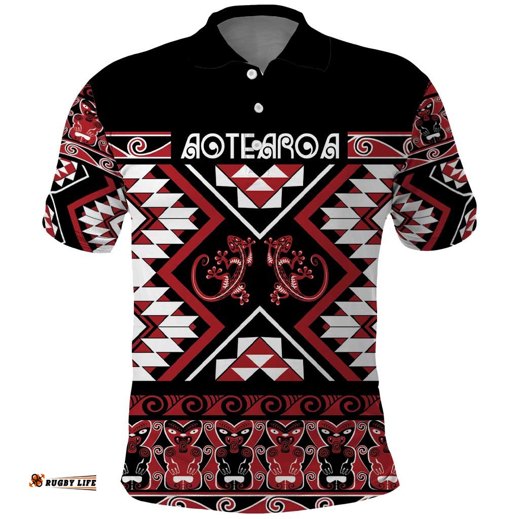 Personalised Aotearoa Waitangi Polo Shirt Taniko Motifs - Mania Gecko LT7