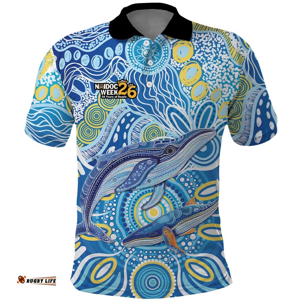 NAIDOC Week 2026 Polo Shirt Dreaming of Whales Aboriginal Dot Art LT9