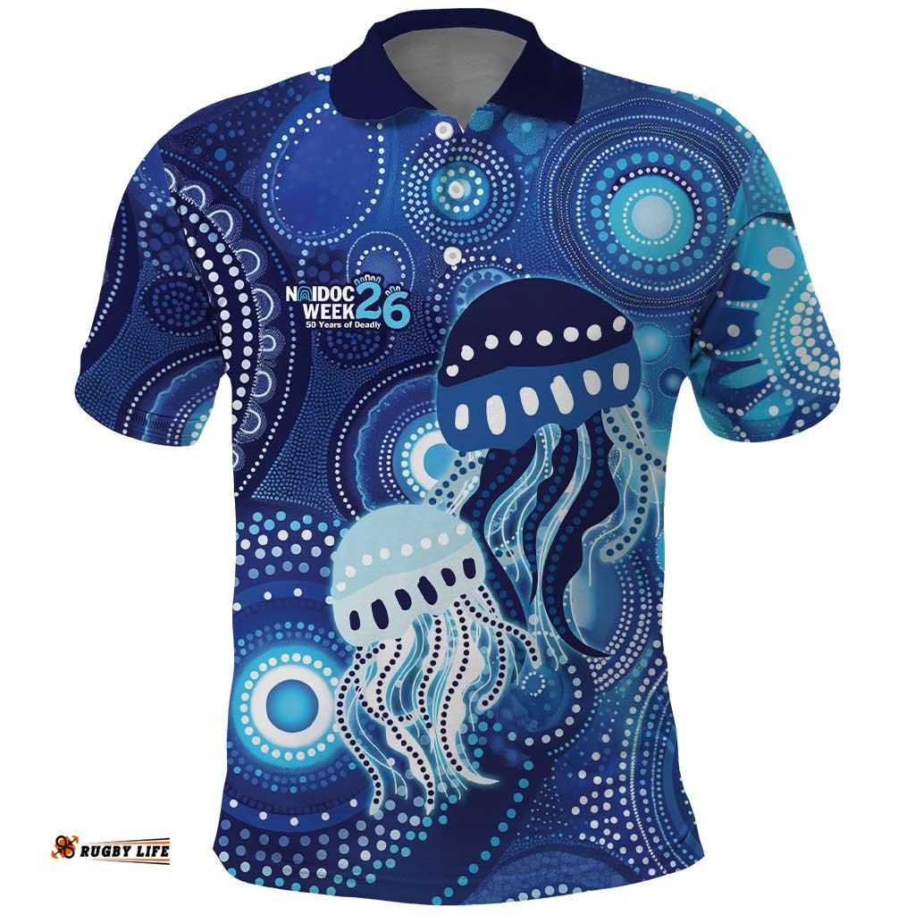 NAIDOC Deadly 50 Years Polo Shirt Jellyfish Aboriginal Culture Inspired Blue LT9