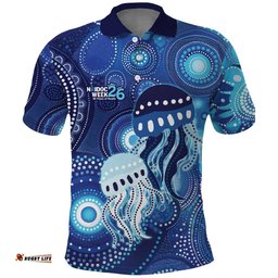 NAIDOC Deadly 50 Years Polo Shirt Jellyfish Aboriginal Culture Inspired Blue LT9