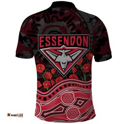 Essendon Bombers ANZAC Day Polo Shirt Indigenous Dot Art with Poppy Flower Tribute TS04