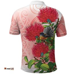 New Zealand Fantail Polo Shirt Maori Koru With Pohutukawa Flowers LT05