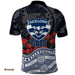 Geelong Cats ANZAC Day Polo Shirt Indigenous Dot Art with Poppy Flower Tribute TS04