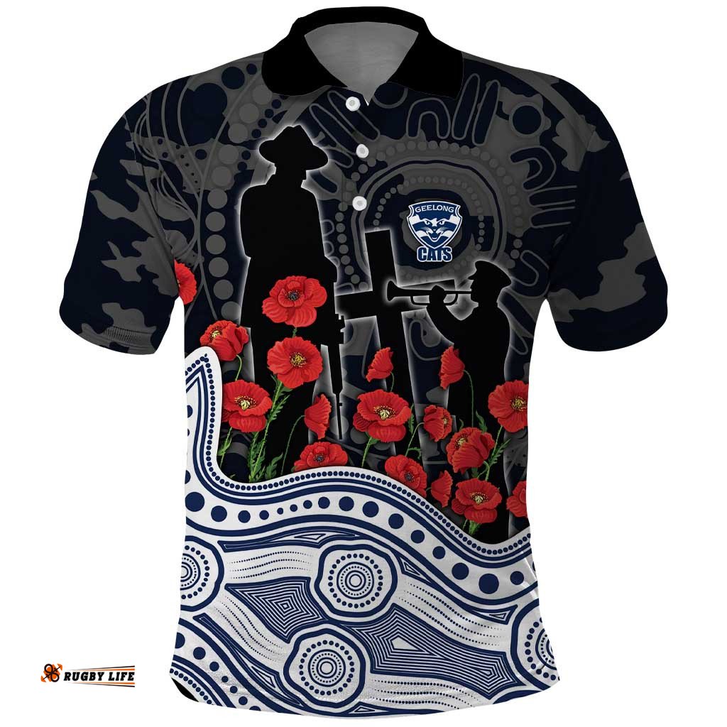 Geelong Cats ANZAC Day Polo Shirt Indigenous Dot Art with Poppy Flower Tribute TS04