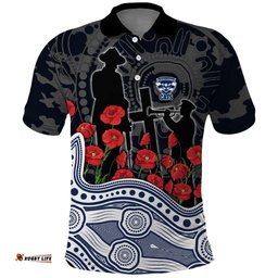 Geelong Cats ANZAC Day Polo Shirt Indigenous Dot Art with Poppy Flower Tribute TS04