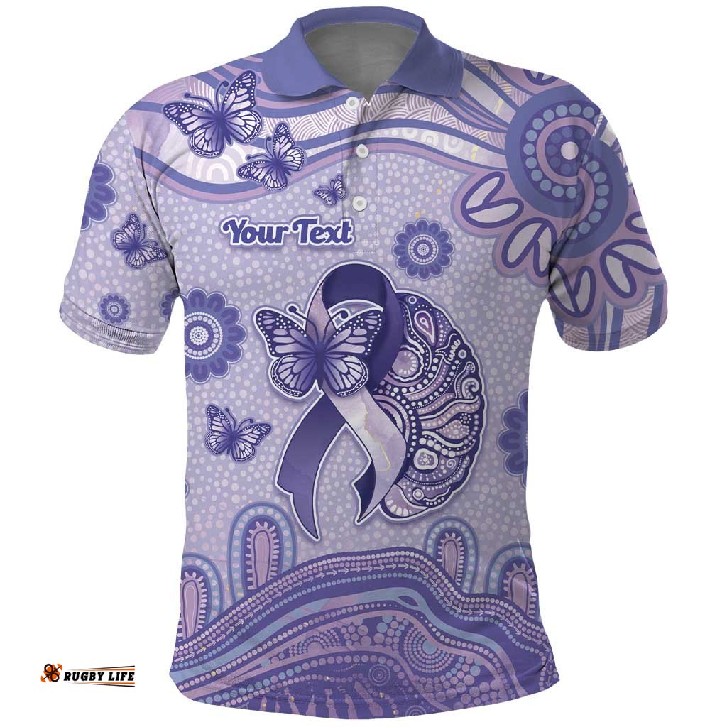 Personalised Epilepsy Awareness Polo Shirt Purple Ribbon Butterfly And Brain Aboriginal Art DT05