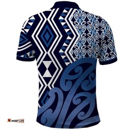 New Zealand Polo Shirt Aotearoa Kowhaiwhai Mix Taniko Art - Blue LT14