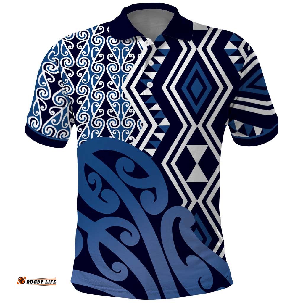 New Zealand Polo Shirt Aotearoa Kowhaiwhai Mix Taniko Art - Blue LT14