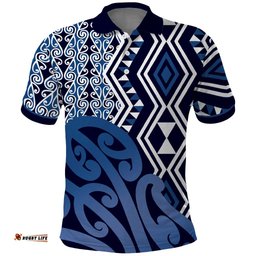 New Zealand Polo Shirt Aotearoa Kowhaiwhai Mix Taniko Art - Blue LT14