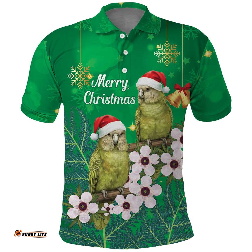 New Zealand Kakapo Christmas Polo Shirt Owl Parrot Santa Sliver Fern Manuka - Green LT14