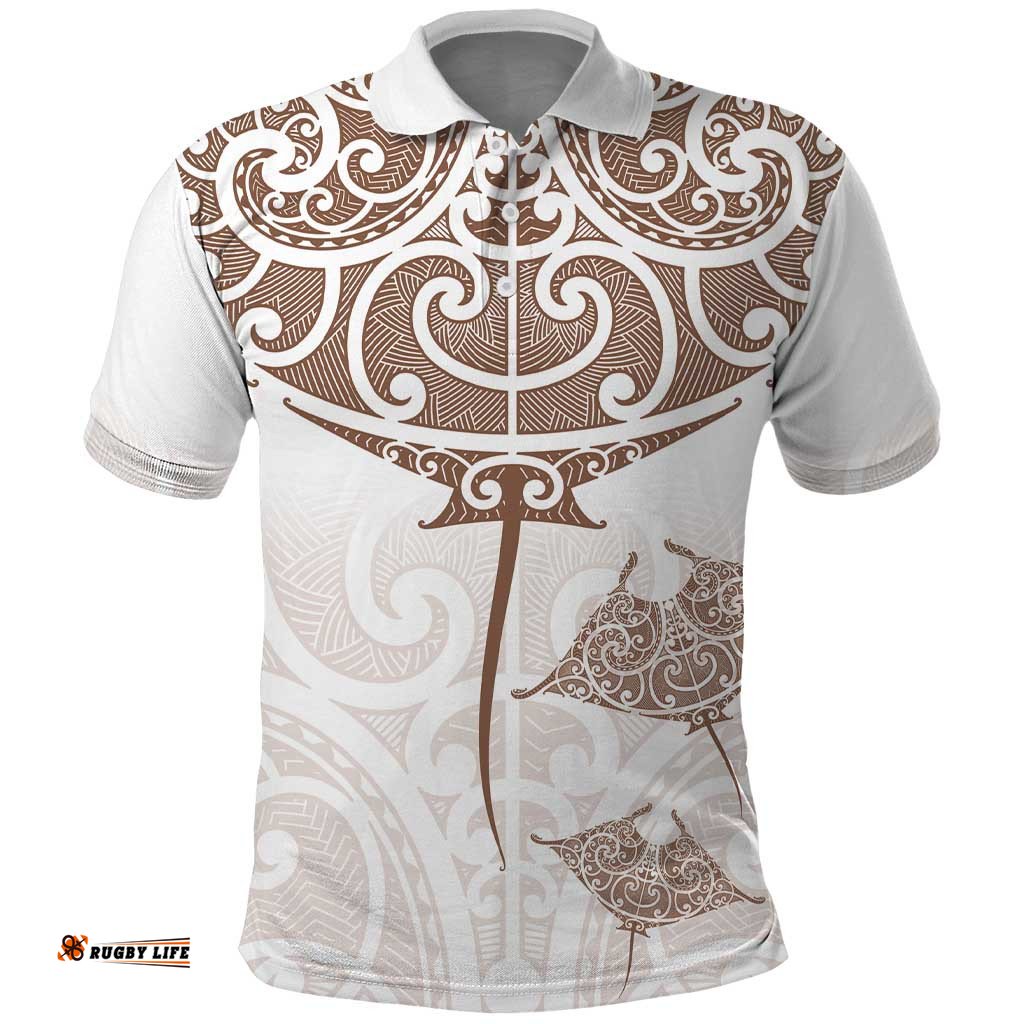 New Zealand Manta Ray Tattoo Polo Shirt Aotearoa Maori Haehae Beige LT14