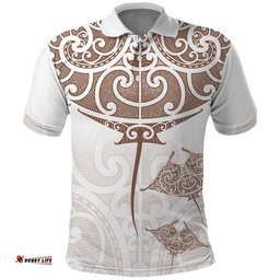 New Zealand Manta Ray Tattoo Polo Shirt Aotearoa Maori Haehae Beige LT14