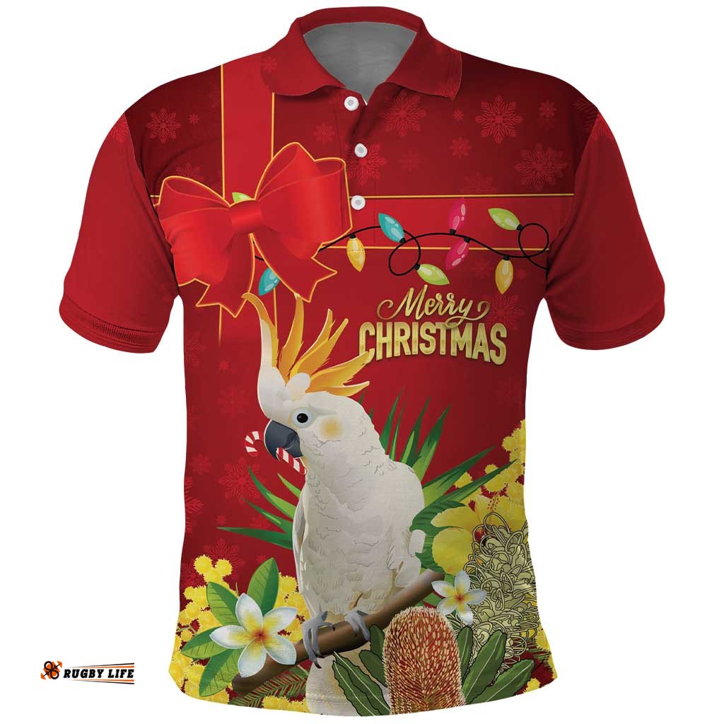 Personalised Australia Sulphur-crested Cockatoo Christmas Polo Shirt Aussie Native Flowers Merry Xmas LT14