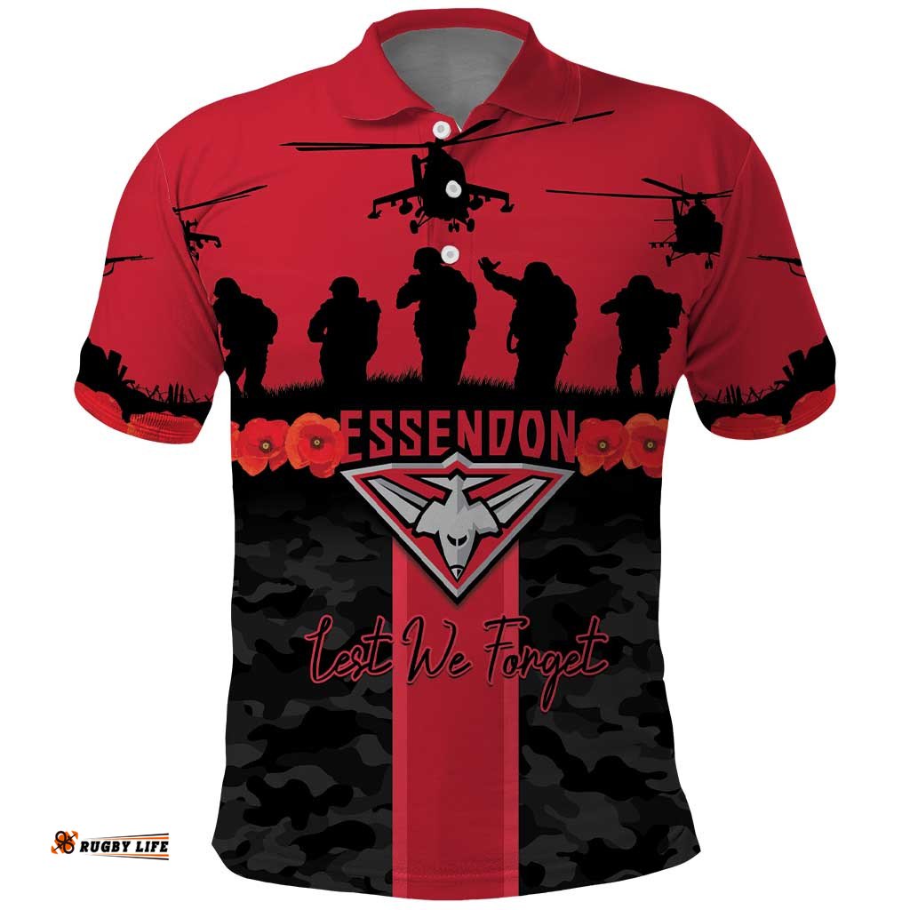 Personalised Essendon Football ANZAC Day Polo Shirt Bombers Poppy Lest We Forget LT14