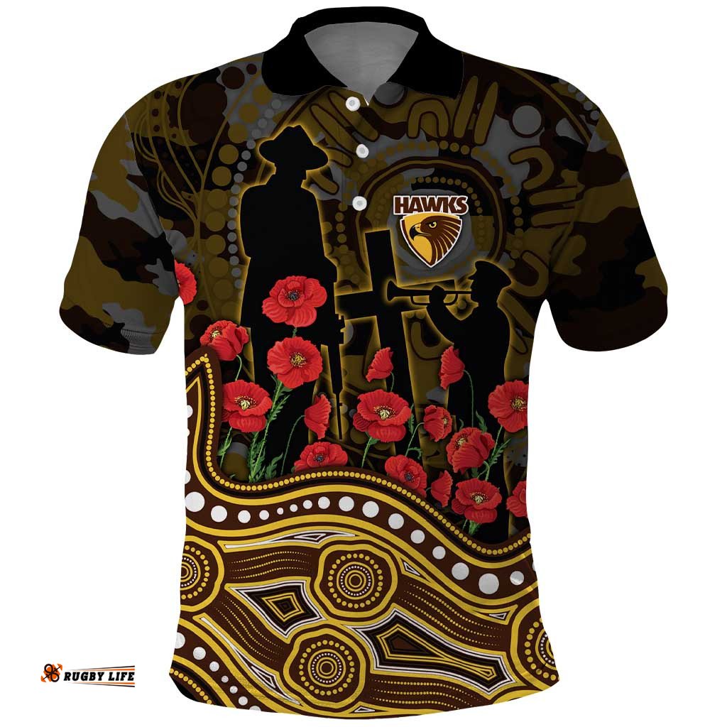 Hawthorn Hawks ANZAC Day Polo Shirt Indigenous Dot Art with Poppy Flower Tribute TS04