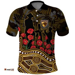 Hawthorn Hawks ANZAC Day Polo Shirt Indigenous Dot Art with Poppy Flower Tribute TS04