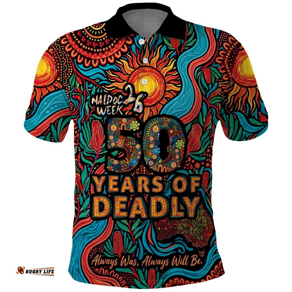 NAIDOC Week 26 Polo Shirt 50 Years of Deadly Aboriginal Motif LT03