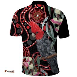 Gang-gang Cockatoo Australia Polo Shirt Eucalyptus Blossoms Aboriginal Art LT14