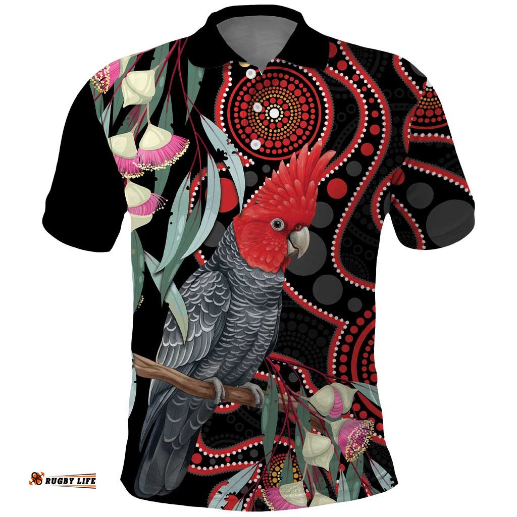 Gang-gang Cockatoo Australia Polo Shirt Eucalyptus Blossoms Aboriginal Art LT14