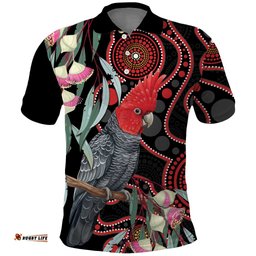 Gang-gang Cockatoo Australia Polo Shirt Eucalyptus Blossoms Aboriginal Art LT14