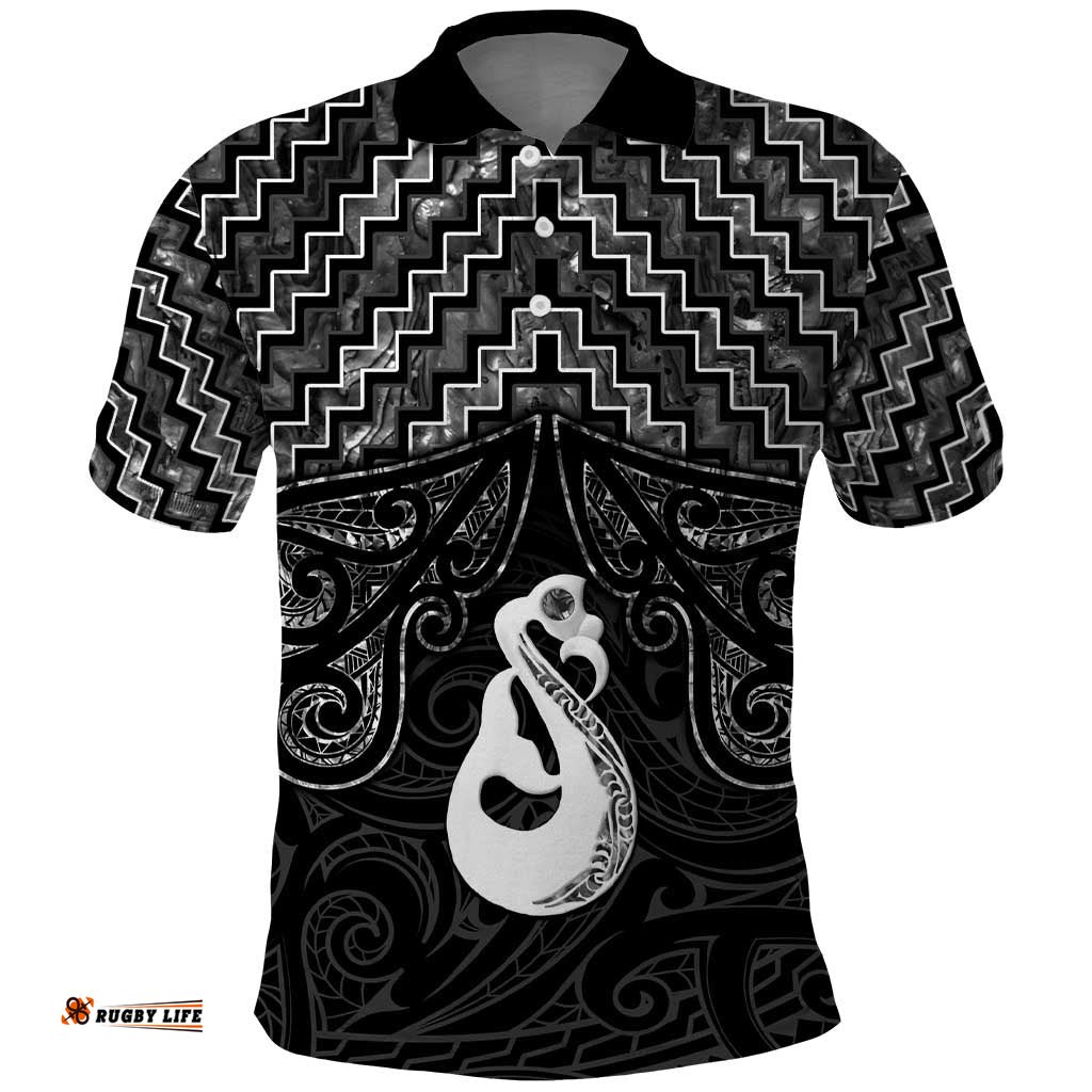 New Zealand Maori Polo Shirt Poutama Manaia Black Paua Shell LT05