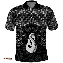 New Zealand Maori Polo Shirt Poutama Manaia Black Paua Shell LT05