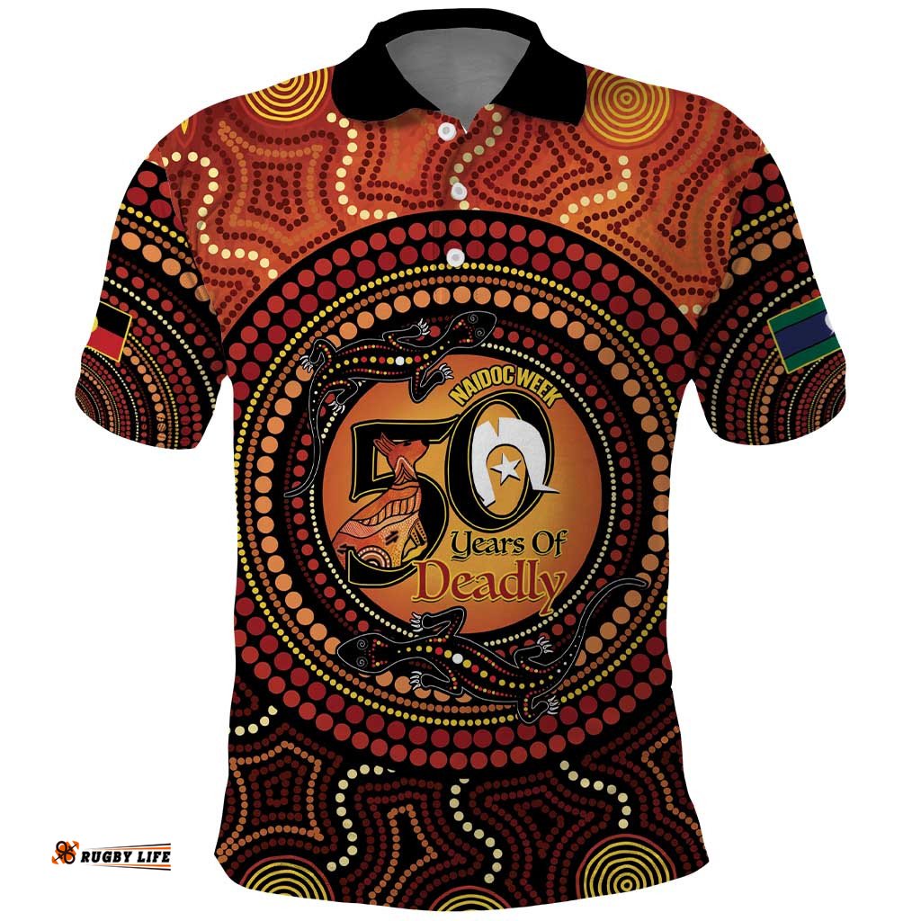 NAIDOC Week 2026 Personalised Polo Shirt 50 Years of Deadly Lizard Kangaroo Aboriginal Art LT14