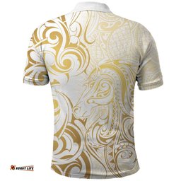 Gold And White Aoteara Horse Racing Polo Shirt NZ Maori Pattern LT14
