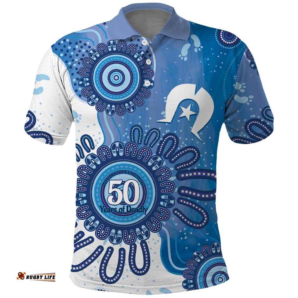NAIDOC Week 2026 Polo Shirt 50 Years Deadly Dhari Blue Aboriginal Art LT14