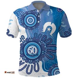 NAIDOC Week 2026 Polo Shirt 50 Years Deadly Dhari Blue Aboriginal Art LT14