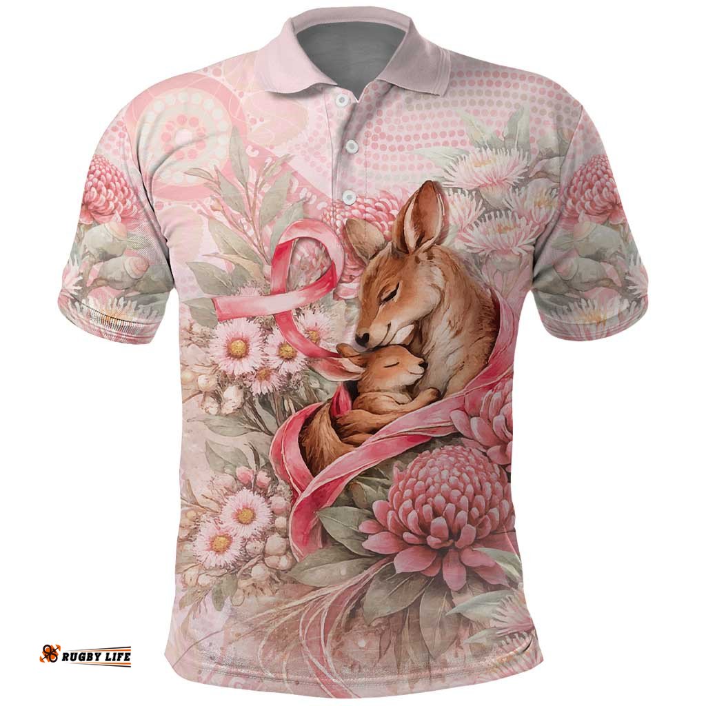 Personalised Breast Cancer Awareness Polo Shirt Mother Kangaroo And Ribbon Hope DT05