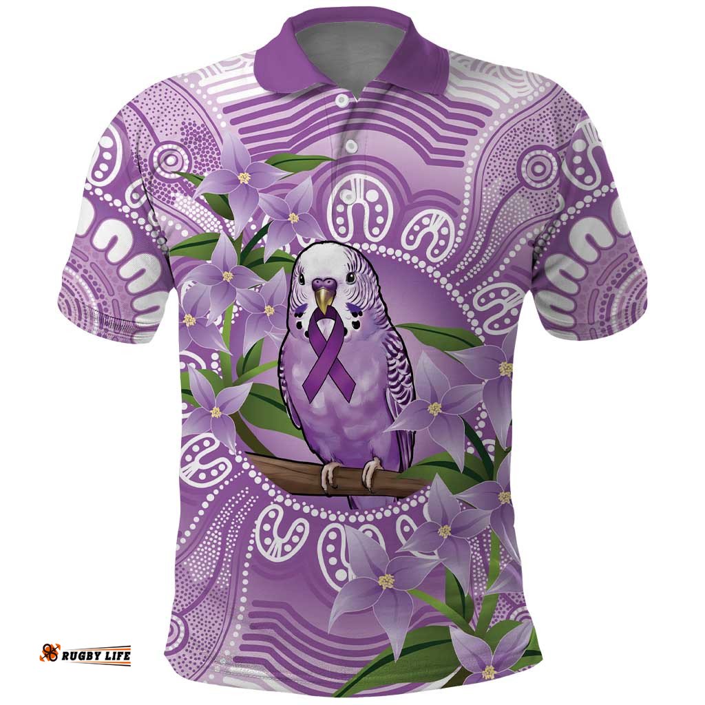 Epilepsy Awareness Budgerigar Australia Polo Shirt Budgie Purple Ribbon Boronia Aboriginal LT14