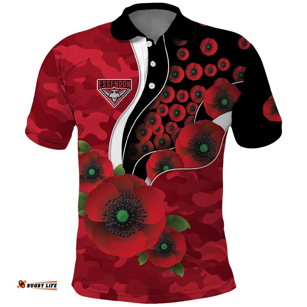 Essendon Bombers ANZAC Personalised Polo Shirt Lest We Forget Poppy Camo LT9