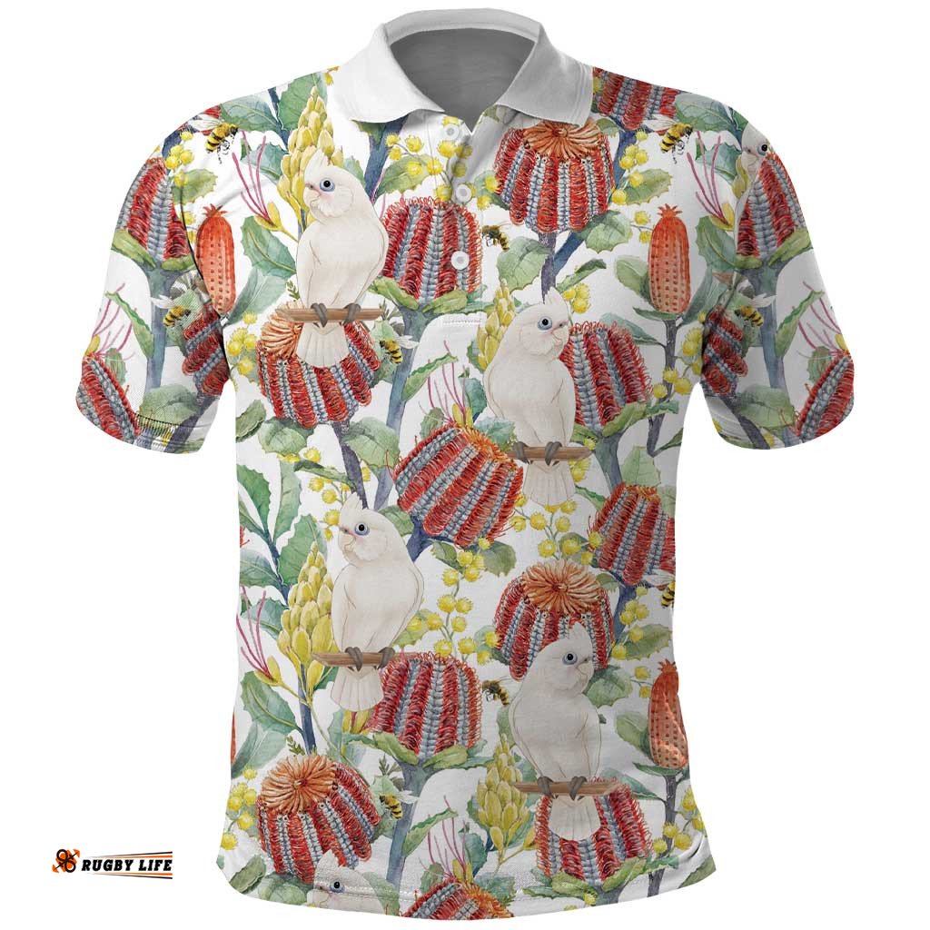 Little Corella Australia Cockatoo Polo Shirt Cacatua Sanguinea Banksia Seamless White LT14
