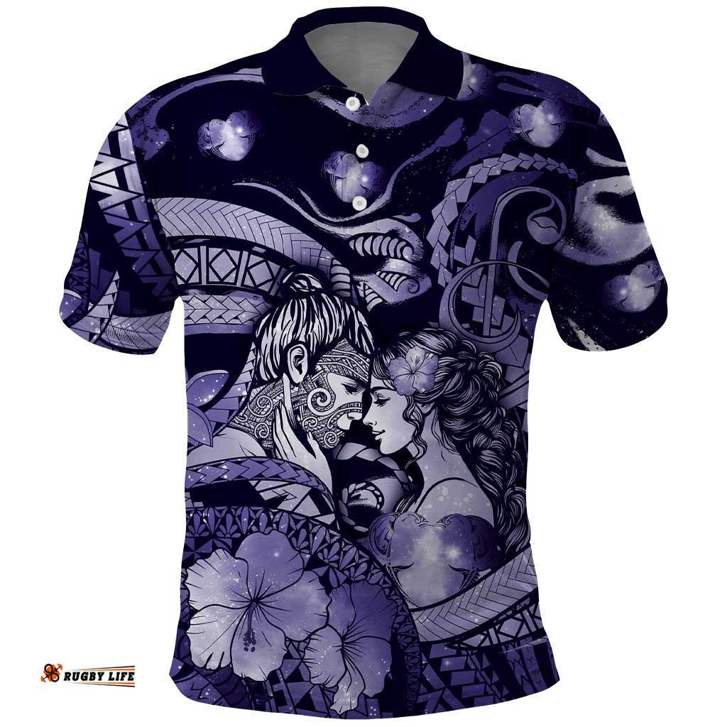 Personalised Maori Romantic Valentine Polo Shirt The Hongi Kiss Purple Galaxy DT05