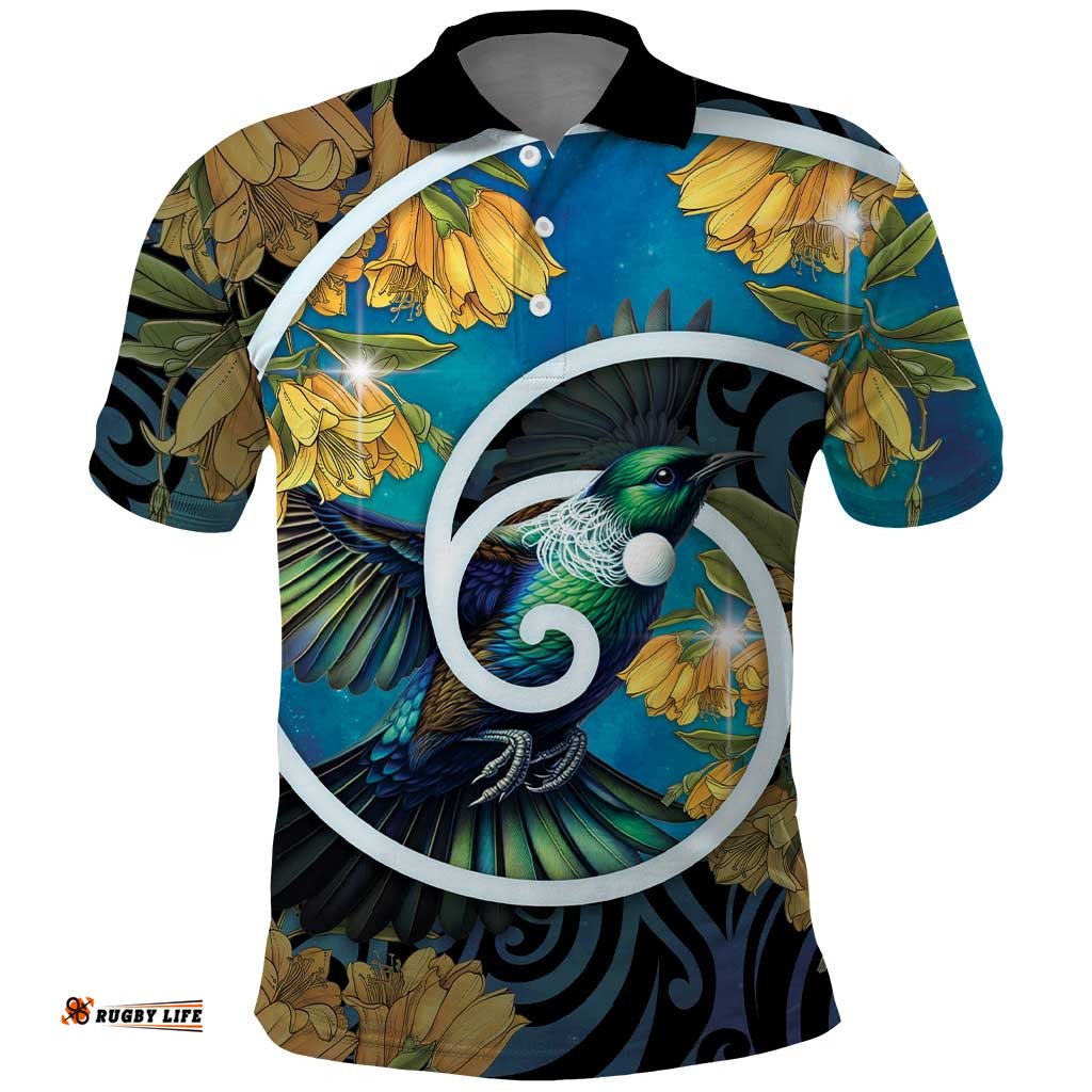 New Zealand Tui Bird Polo Shirt Maori Koru With Kowhai Flowers LT05