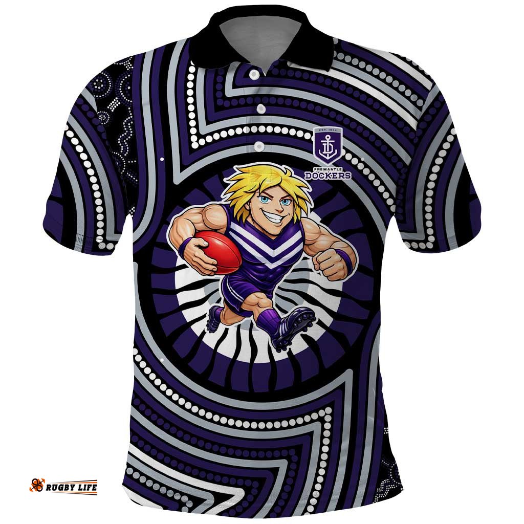 Fremantle Dockers Polo Shirt Indigenous Monochrome Dot Art Mascot Style TS04