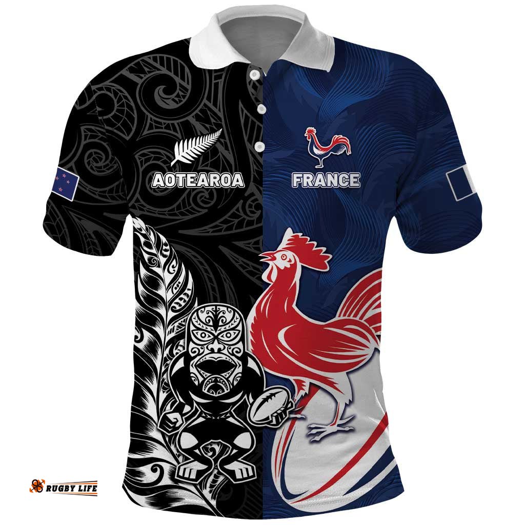 France And New Zealand Rugby Custom Polo Shirt Les Bleus Rooster With Maori Tiki LT05