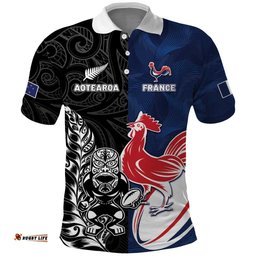 France And New Zealand Rugby Custom Polo Shirt Les Bleus Rooster With Maori Tiki LT05