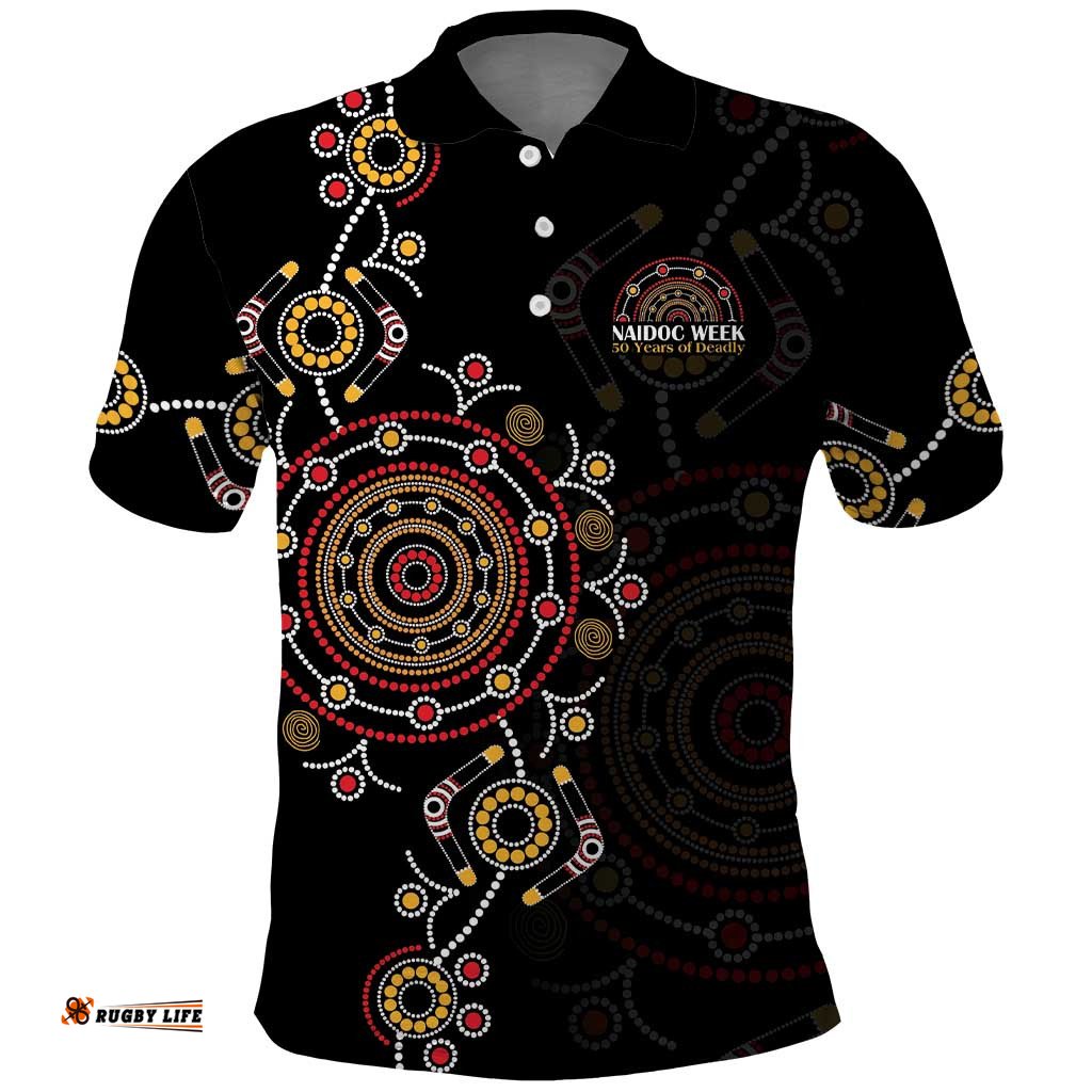 NAIDOC Deadly 50 Years Polo Shirt Aboriginal Black Gold Boomerang Art LT9